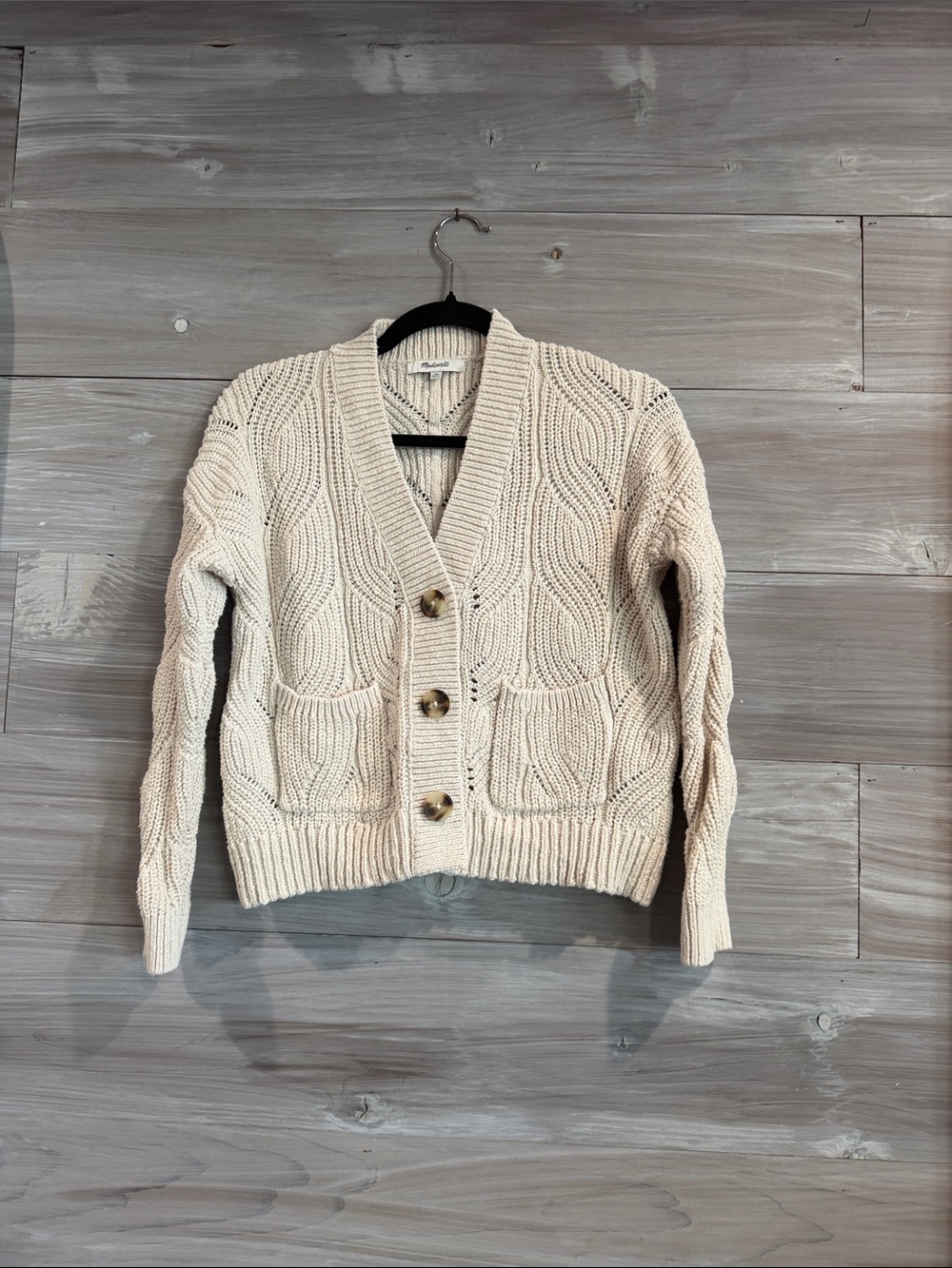 Madewell Cream Cable-Knit Button Cardigan Sweater
